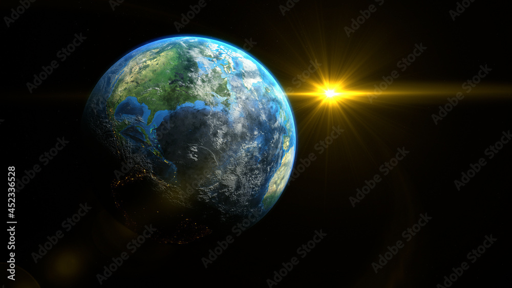Wall mural sunrise and shadow on the earth rotate in space with star in universe. world realistic atmosphere 3d