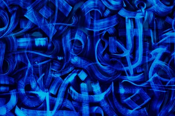 Fotobehang Abstract blue background with graffiti on the wall. Modern backdrop in neon color. © SerPak