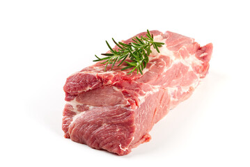 Fresh juicy pork chop with herbs and rosemary isolated on white, close up
