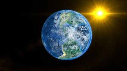 Sunrise on the earth rotate in space with star in universe. World realistic atmosphere 3D volumetric clouds texture surface.  Elements of this image are furnished by NASA