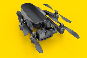 Flying photo and video drone or quad copter with action camera on yellow