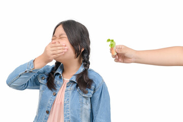 asian child girl with expression of disgust against vegetables in salad roll, Refusing food