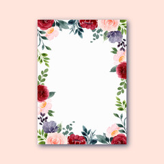 Red pink rose flower frame with watercolor