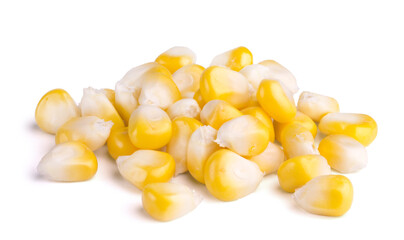 Ripe sweet corn kernels isolated on white background. Fresh vegetable ingredients.