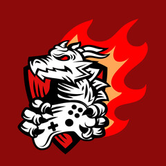 Vector logo dragon head with joystick on red background with flame. Line art flat style design of animal dragon