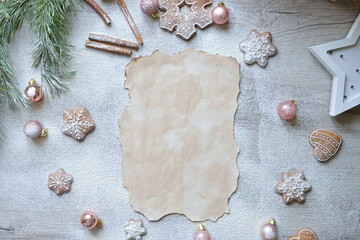 space for the text of the Rozhdest Twensoko recipe on the table with New Year's decor. christmas baking concept.