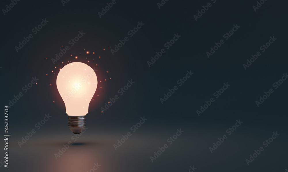 Poster lightbulb glowing in dark area with copy space for creative thinking and solving solution concept by