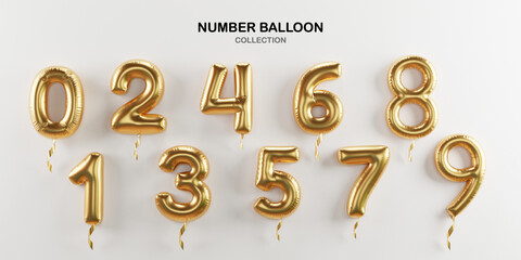 Isolate of golden number balloon 0 to 9 on white background for decorate merry Christmas , Happy...