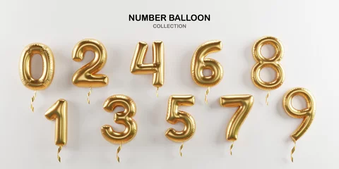 Poster Isolate of golden number balloon 0 to 9 on white background for decorate merry Christmas , Happy new year ,valentine's day and Birthday cerebration party by 3D rendering. © Dilok