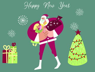 Santa gives a gift and holds a girl in his arms, it is snowing, a Christmas tree, gifts, Christmas. Inscription Happy New Year.