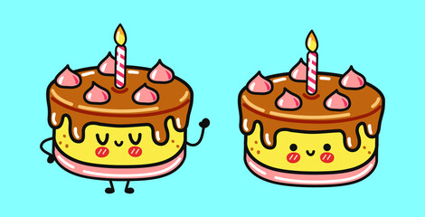 Funny cute happy Cake characters bundle set. Vector hand drawn cartoon kawaii character illustration icon. Isolated on white background. Cute Cake mascot character collection 