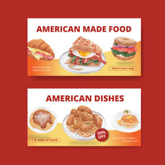 Twitter template with American foods concept,watercolor style
