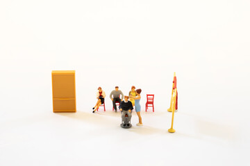 Miniature people Barber shop Women barber cutting customer hair electric razor shaving brush on chair with copy space using Service hair style design Beauty Salon fashion commercial business concept