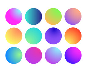 Rounded holographic gradient sphere. Multicolor green purple yellow orange pink cyan fluid circle gradients, colorful soft round buttons or vivid color spheres flat set.