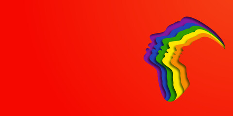 Obraz premium Design LGBTQ + PRIDE. People's faces in LGBT colors. Paper cut. Minority problem. Pride parade. Coexistence harmony and multicultural community integration. Space for text. Copy space.