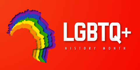 Design LGBTQ+ HISTORY MONTH.  People's faces look up in LGBT colors. Paper cut. Minority problem. PRIDE parade. Coexistence harmony and multicultural community integration. Illustration