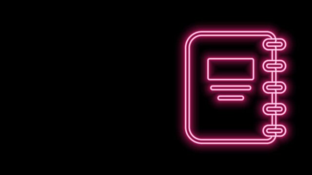 Glowing neon line Notebook icon isolated on black background. Spiral notepad icon. School notebook. Writing pad. Diary for school. 4K Video motion graphic animation