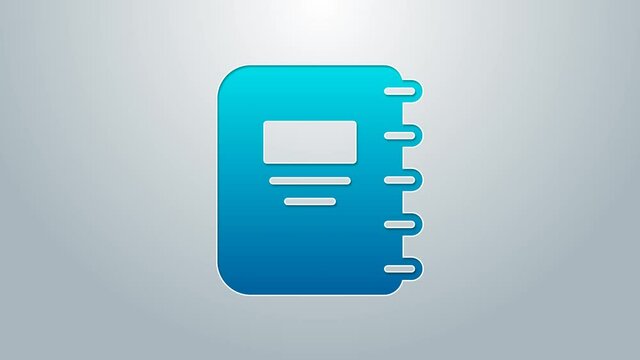 Blue line Notebook icon isolated on grey background. Spiral notepad icon. School notebook. Writing pad. Diary for school. 4K Video motion graphic animation
