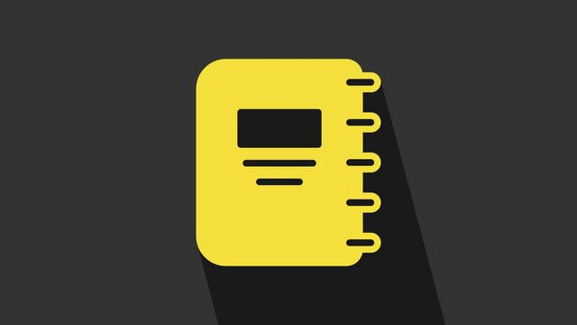 Yellow Notebook icon isolated on grey background. Spiral notepad icon. School notebook. Writing pad. Diary for school. 4K Video motion graphic animation