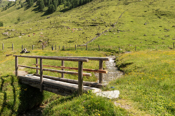 Fototapeta premium Wooden small bridge in the Alps. Mountain landscape