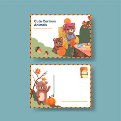 Postcard template with autumn animal concept,watercolor style