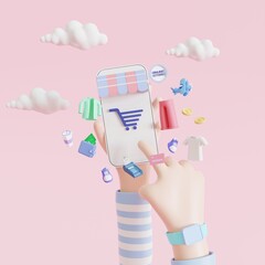 Cartoon hand holding mobile smartphone with shopping app. Online shopping concept. 3D illustrations.