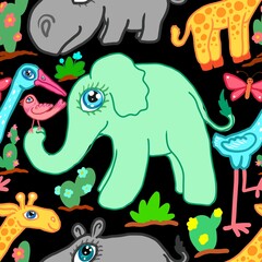 elephant bird cartoons characters abstract seamless pattern background fabric design print wrapping paper digital illustration texture wallpaper 