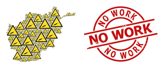 Grunge No Work stamp, and syringe warning collage of Afghanistan map. Red round stamp has No Work text inside circle. Afghanistan map collage is created of syringe warning rotated elements.