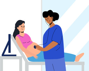 A midwife examines a pregnant woman. The doctor listens to the baby's heartbeat. A pregnant woman is being examined. Scheduled medical examination. A woman is lying on a couch. Vector illustration