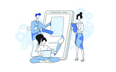 Set of UI and UX designers creating functional web interface design for websites and mobile apps. Digital wireframing process concept. Colored flat vector illustration isolated on white background