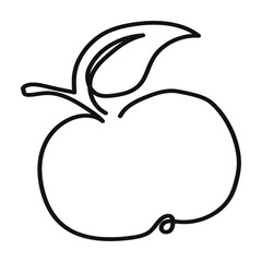 Continuous one line drawing of apple with a leaf. Minimalist black line sketch on white background. Vector illustration isolated on white background.  Fruit icon for emblem,  logo, template ets.