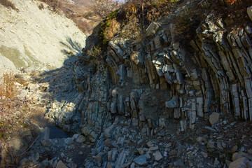 A dry river in a canyon in the mountains.