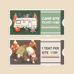 Ticket template with autumn camping concept,watercolor style