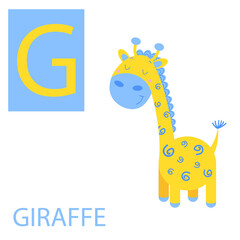 Animal alphabet series. Letter G. Cute cartoon style giraffe. Isolated on white. Educational poster for children. 