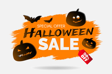 halloween sale special offer sticker banner design with pumpkins and bats vector illustration