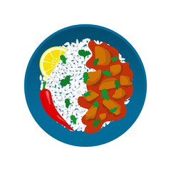 chicken curry with rice sauce lemon chili pepper in plate indian food vector illustration top view 