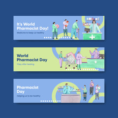 Twitter template with world pharmacists day concept,watercolor style