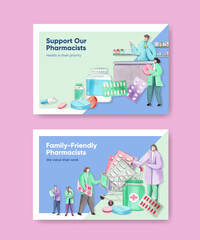 Facebook template with world pharmacists day concept,watercolor style