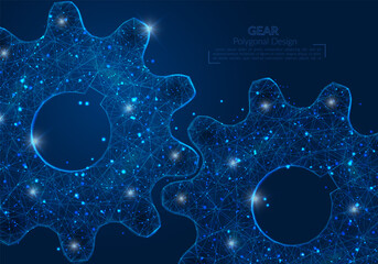 Abstract isolated blue image of a gear. Polygonal illustration looks like stars in the blask night sky in spase or flying glass shards. Digital design for website, web, internet © Katsiaryna