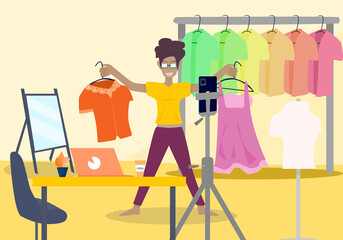 Concept people vlog livestream, lifestyle quarantine. Dark skinned woman wearing glasses going live selling fashion clothes at home, blogger, clothes, dress up and beauty. Vector flat illustration 