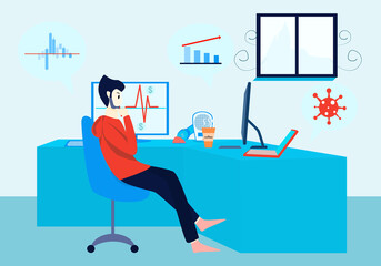 Concept People playing stocks and investing, lifestyle quarantine. Business man sitting and looking at the screen graph, trading, making a profit. Economic crisis. Vector flat illustration for risk