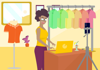 Concept people vlog livestream, lifestyle quarantine. Dark skinned woman wearing glasses going live selling fashion clothes at home, blogger, clothes, dress up and beauty. Vector flat illustration 