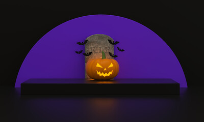 Halloween pedestal for product display with pumpkins, bats and Tombstone with a moon purple on black background.