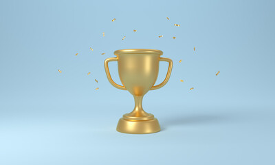 Golden trophy cup with falling confetti on blue background.