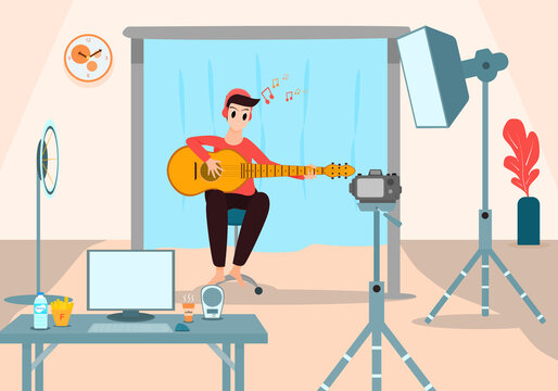 Concept influences, lifestyle quarantine, vlog music. man playing guitar on chair in the recording room with a computer And camera equipment Take photos. Music recording room. Vector illustration blog