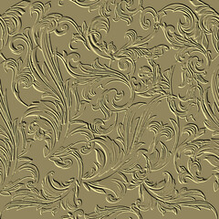 Embossed 3d floral seamless pattern. Vintage emboss textured background. Damask grunge repeat backdrop. Surface relief Baroque style ornaments with embossing effect. Vintage flowers, lines, leaves