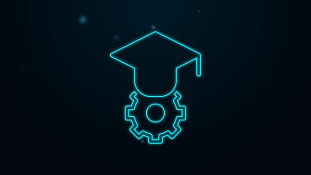 Glowing neon line Graduation cap icon isolated on black background. Graduation hat with tassel icon. 4K Video motion graphic animation