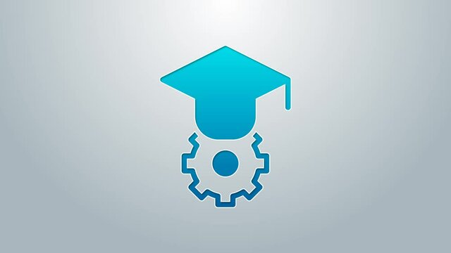 Blue line Graduation cap icon isolated on grey background. Graduation hat with tassel icon. 4K Video motion graphic animation