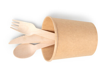 Eco-friendly disposable cutlery made of bamboo wood and paper on a white background with clipping path. Disposable paper cups with wooden forks and spoons.