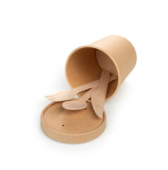 Eco-friendly disposable cutlery made of bamboo wood and paper on a white background with clipping...